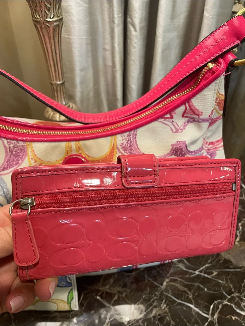 Coach Multicolor Signature Canvas Hobo Bag with Pink Patent Wallet